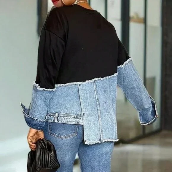 Black Casual Women's Valentine's Day Denim Patchwork Sweatshirt - Picture 2 of 9